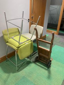 old green and mint colour office chairs waiting for clearance from mangrove pwc