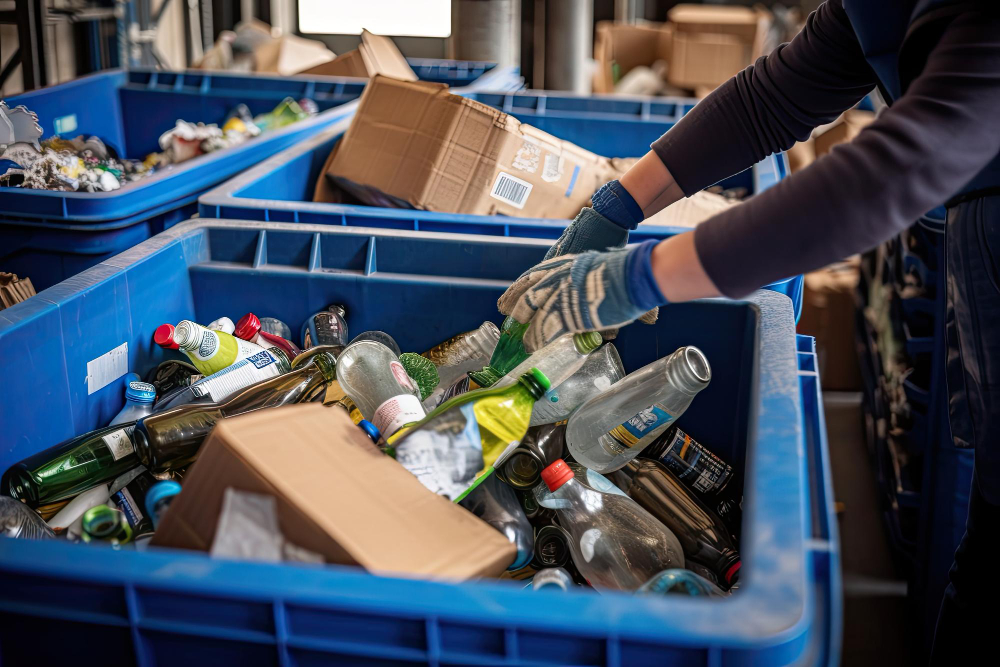 retail waste being sorted into big blue bins